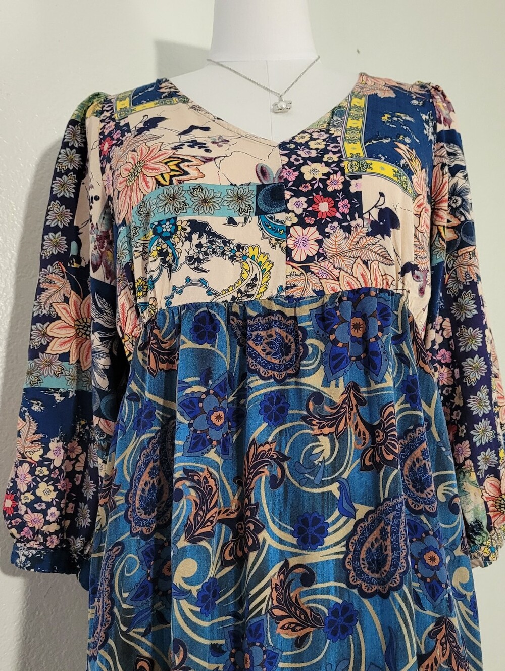 GiGiO Midnight Blue Mixed Print Tiered Floral Paisley Peasant Midi Dress Small - Picture 3 of 12